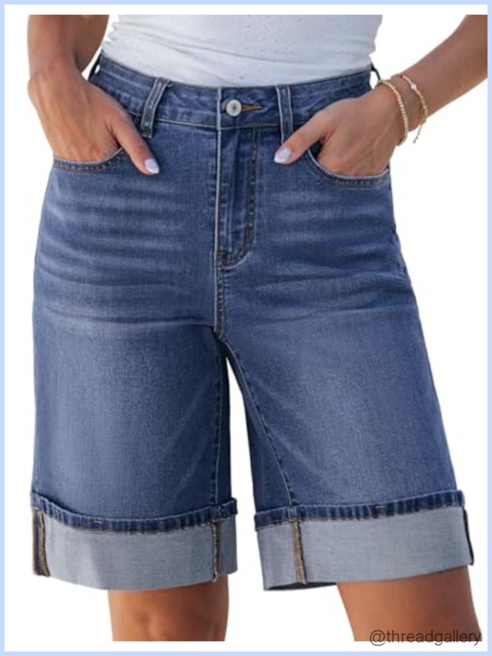 High Waisted Bermuda Jean Shorts 10in Inseam Cuffed Stretch Denim Jorts